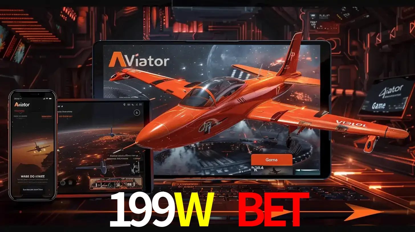 Apresentação tecnológica do jogo Aviator com um avião saindo da tela de um tablet, demonstrando a experiência imersiva em múltiplos dispositivos no 199W BET.