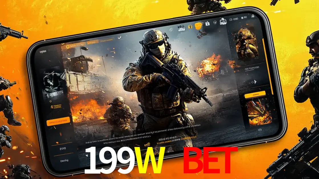 Um smartphone exibindo a interface de um jogo de tiro em primeira pessoa, com um soldado em um cenário de batalha, representando a ação dos e-sports para apostar no 199W BET.