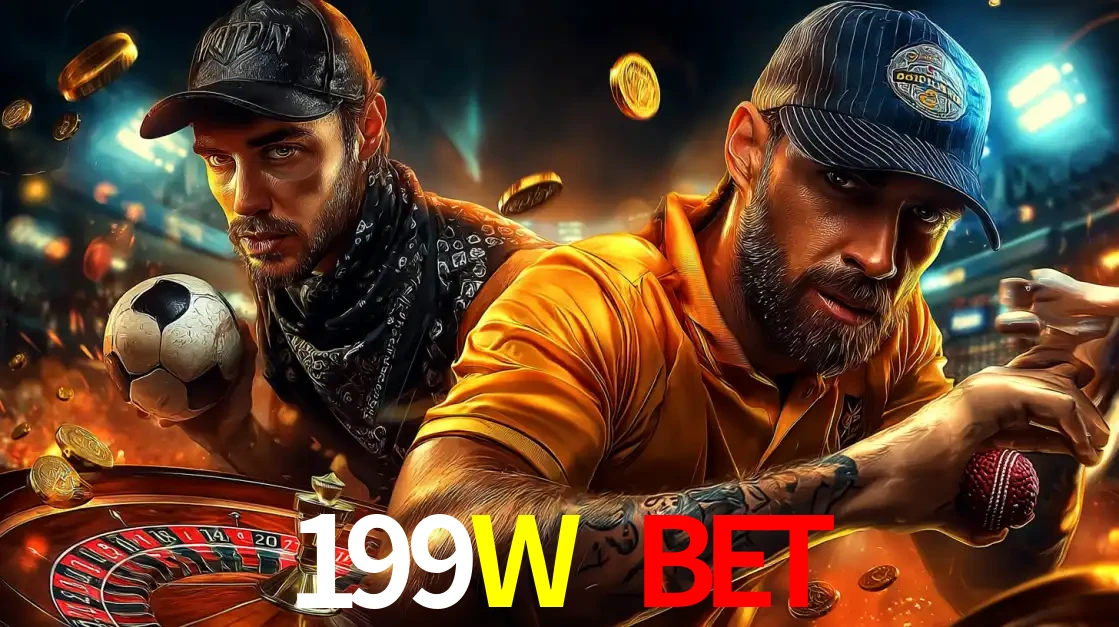 Montagem de apostas esportivas e cassino no 199W BET, com um homem segurando uma bola de futebol e outro uma de beisebol sobre uma roleta e moedas voadoras.