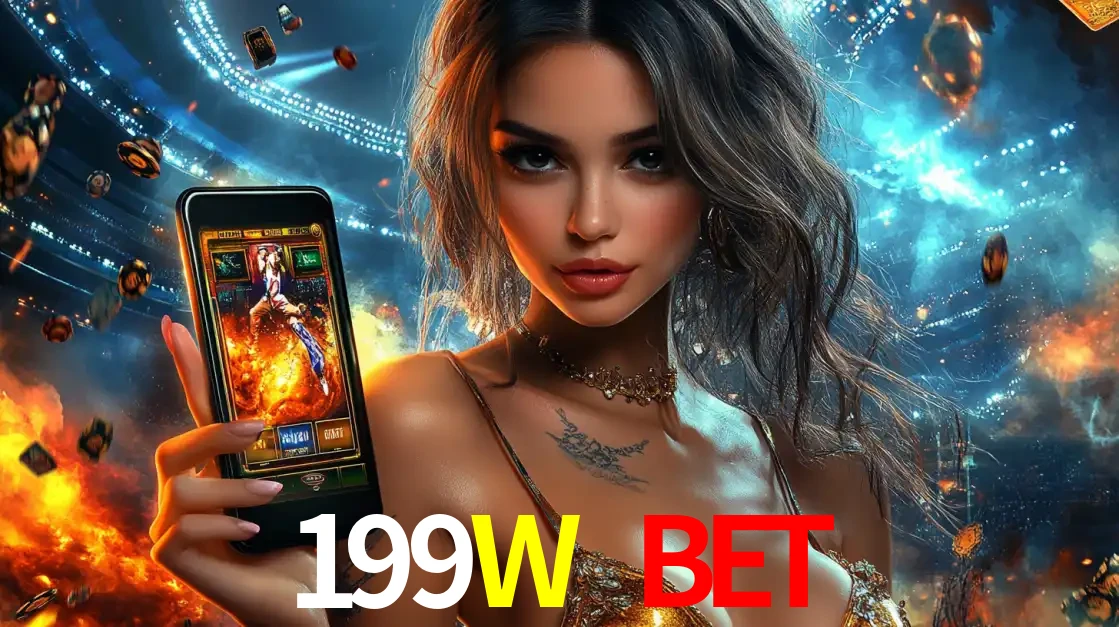 Mulher segurando um celular com um jogo de slot em destaque, tendo como fundo um estádio vibrante, simbolizando a emoção de jogar no cassino móvel 199W BET.