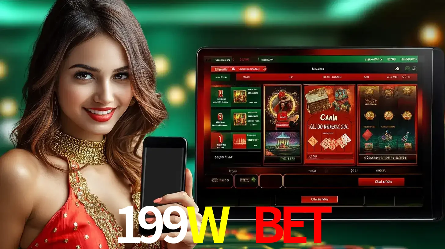 Mulher sorridente segurando um smartphone, ao lado de uma tela exibindo o lobby de jogos do cassino online 199W BET, com várias opções de jogos de cartas e slots.
